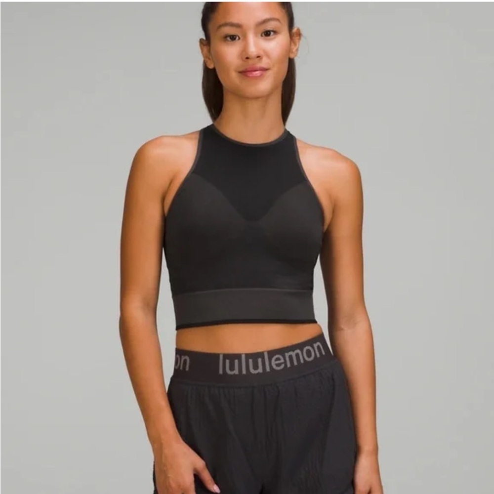lululemon Black High-Neck Sport Bra Seamless Mesh Supportive Training Tank Top